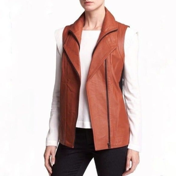 Mural Jackets & Blazers - Mural Brown Leather & Wool Zip Up Vest Moto Jacket Small